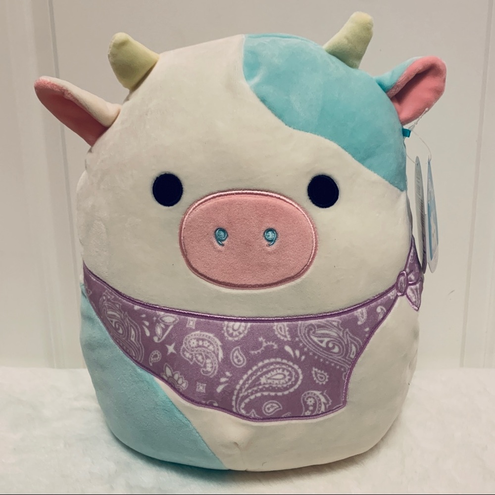 Squishmallow Belana Cow 🐮, Purple Paisley Bandana, Spring 🌸, 12” New